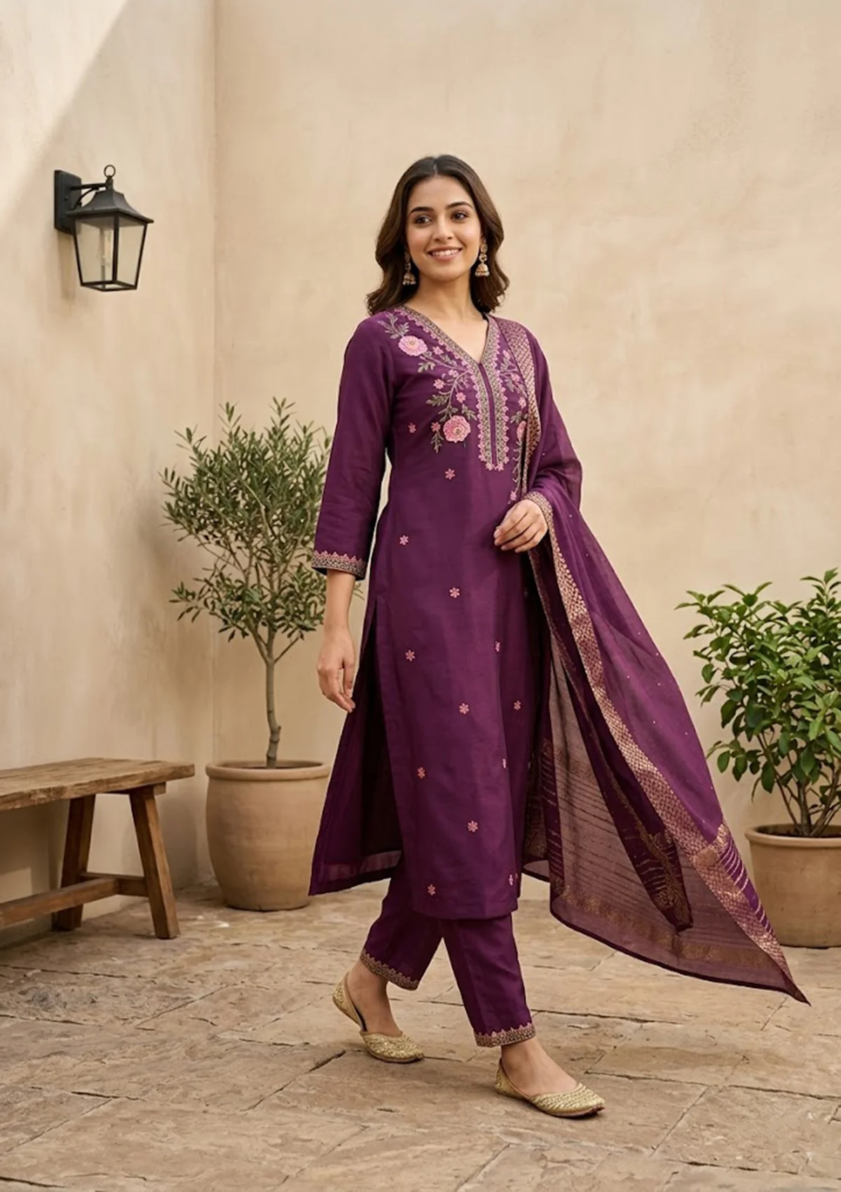 Wine Art Silk Threadwork Straight Kurta With Pant Regular And Dupatta